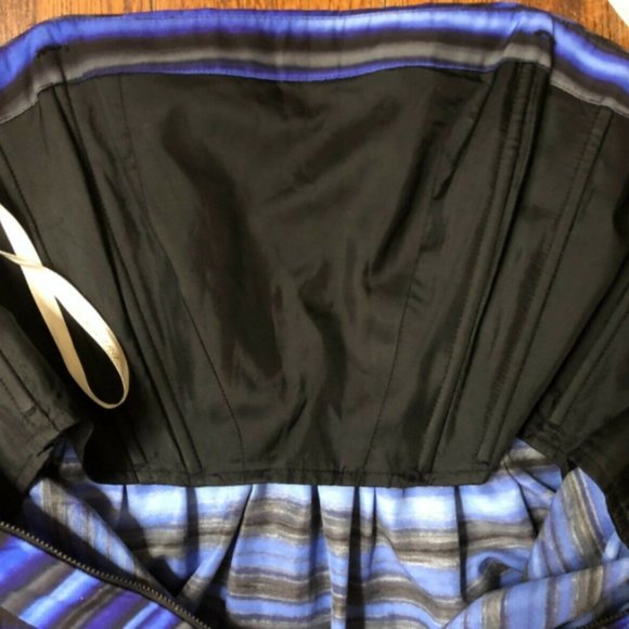 Shoshanna | Blue Black Silk Stripe Strapless Dress - Picture 7 of 9